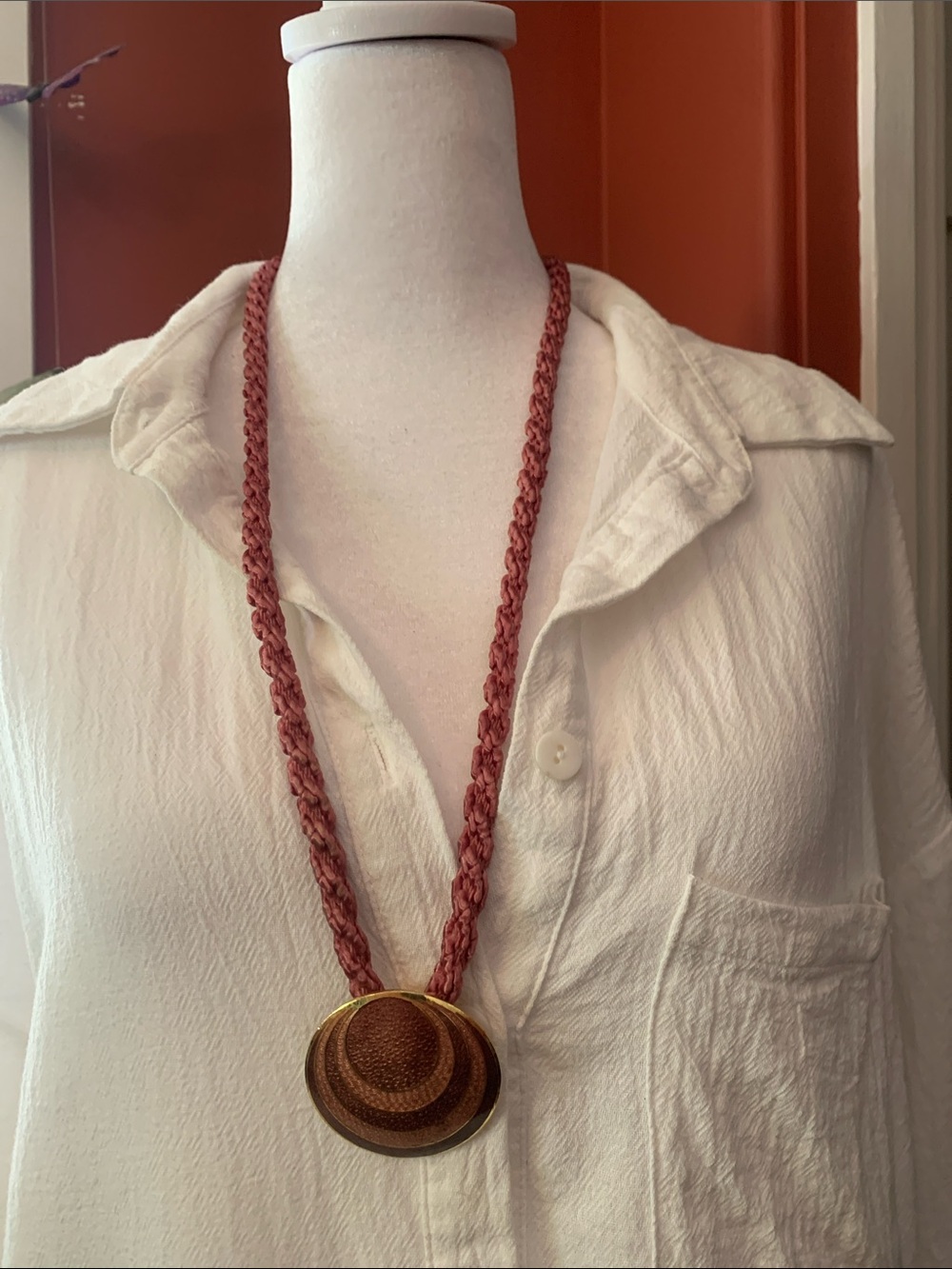 Braided Coral Rope Necklace with Gold enamel Pendant - Women Jewelry